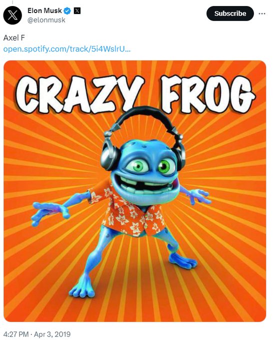 Elon Musk tweet posting Crazy Frog Spotify link
